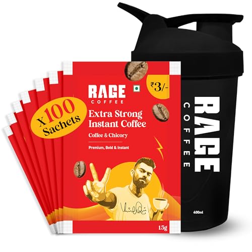 Rage Coffee Extra Strong Premium Blend Coffee Powder Sachets (Pack of 100) | Instant Coffee & Chicory – 100% Arabica Beans for Hot & Cold coffee + Multi-purpose Shaker 400 ml