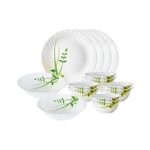 Larah by Borosil Fluted Series Green Herbs Opalware Dinner Set | 14 Piece for Family of 4 | Microwave & Dishwasher Safe | Bone-Ash Free | Crockery Set for Dining & Gifting | Plates & Bowls | White