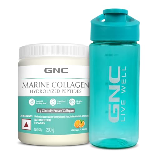 GNC Marine Collagen | 200 Gm With Blue Sipper | Type 1 & Type 3 Collagen | Hydrolyzed Peptides |Hyaluronic Acid|Biotin |Vitamin C &E |Grape Seed Extract