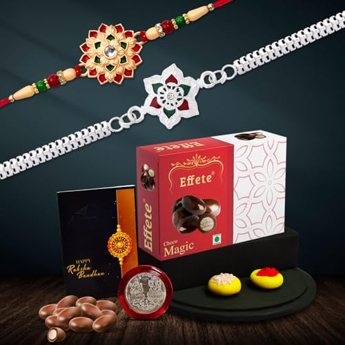 DeoDap Silver Plated Rakhi Roli Chawal, Set of 2 with Chocolate and Greeting Cards Combo for Brother