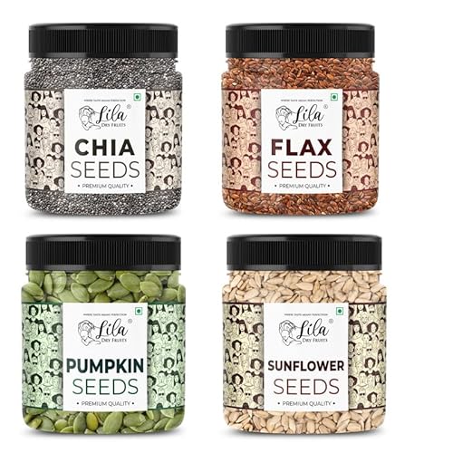 LILA DRY FRUITS 4 Superseed Combo (Chia, Pumpkin, Sunflower & Flax) 100gms each (400gms total) Jar Pack |Immunity combo for Weight Loss | Mix Seeds for Eating | Diet Snacks | Superfood