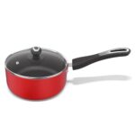 Preethi Dura Collection Non Stick Milk Pan, 16 cm, with Glass Lid, Gas & Induction Compatible, 5 Star Non Stick Effect, Chilly Red