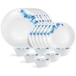 Cello Opalware Dazzle Series Blue Swirl Dinner Set, 18 Units | Opal Glass Dinner Set for 6 | Light-Weight, Daily Use Crockery Set for Dining | White Plate and Bowl Set