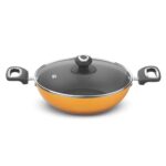 Preethi Dura Collection Non Stick Kadai, 24 cm, with Glass Lid, Gas & Induction Compatible, 5 Star Non Stick Effect, Turmeric Yellow
