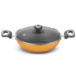 Preethi Dura Collection Non Stick Kadai, 26 cm, with Glass Lid, Gas & Induction Compatible, 5 Star Non Stick Effect, Turmeric Yellow