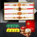 Poorak Religious RK24_MB_PAK_4xD1 Assorted Rakhi  Set(4 Rakhi For Brother, 4 Mengo Byte, 1 Roli Chawal Set, 1 Greeting Card)