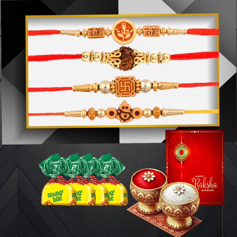 Poorak Religious RK24_MB_PAK_4xD1 Assorted Rakhi  Set(4 Rakhi For Brother, 4 Mengo Byte, 1 Roli Chawal Set, 1 Greeting Card)