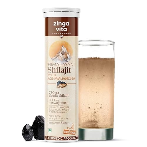 Zingavita Himalayan Shilajit Original (750mg) Effervescent Tablets, With Ashwagandha, Gokshura & Safed Musli for Strength, Performance & Muscle recovery, Cardamom Flavour | Ayush Approved | Pack of 1