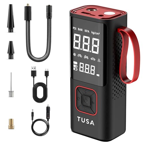 TUSA Cordless Tyre Inflator – Dual Mode Battery & 12V Car Port, 2X Faster Inflation Wireless Air Pump, 150PSI Portable Air Compressor for Cars, Bikes, Motorcycles, Balls, and Inflatables (Red)
