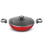 Preethi Dura Collection Non Stick Kadai, 24 cm, with Glass Lid, Gas & Induction Compatible, 5 Star Non Stick Effect, Chilly Red