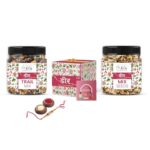 LILA DRY FRUITS Rakshabandhan Rakhi Gift Hamper Combo | Rakhi Card Kumkum Chawal Mix Super Seeds and Trail Mix Dry Fruits | Raksha Bandhan Gifts for Brother & Sister | Festive Pack Traditional Celebration Gift Box | Perfect for Gifting