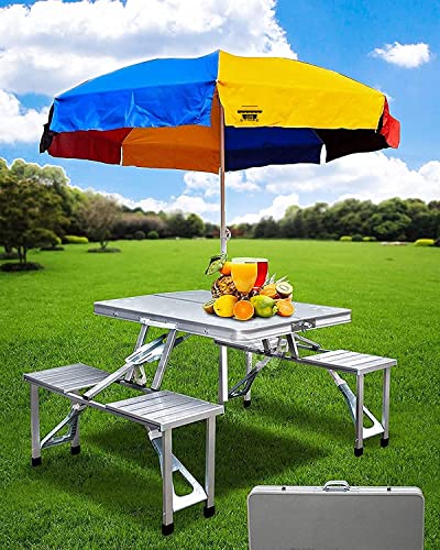 ON-STORE-Picnic-Table-Outdoor-Aluminum-Portable-Folding-Camp-Suitcase-Picnic-Table-with-4-Seats-with-Umbrella-Heavy-Duty-Aluminum-Portable-Folding-Picnic-Table-&-Chairs-Set-with-Umbrella