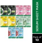 GARNIER Skin Naturals Face Serum Sheet Mask Pack of 10 (2 each of Light Complete, Charcoal, Saruka, Green Tea and Hydrabomb)(10 Items in the set)