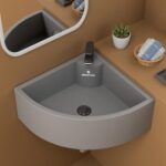 REMOTION Ceramic Corner Wash Basin | Wall Mount Basin for Bathroom | Wall Hung Wash Basin | Small Corner Sink (20.4 x 15 x 5.7 Inch) (Grey)