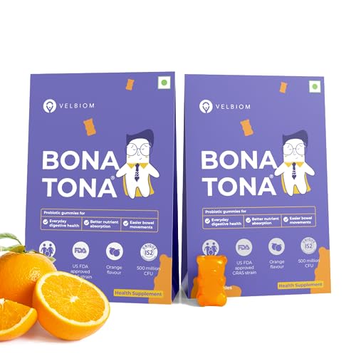Velbiom Bonatona Probiotic Gummies For Effective Digestion, Lasting Immunity Clinically Proven & US FDA Approved For Kids & Adults – Pack of 10x2Gummies, Orange Flavor