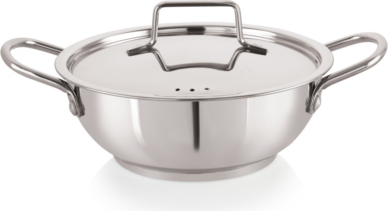 NIRLON Deluxe Deep with Steel Lid, Impact Bonded Tri-ply Bottom Kadhai 24 cm diameter with Lid 3.2 L capacity(Stainless Steel, Induction Bottom)
