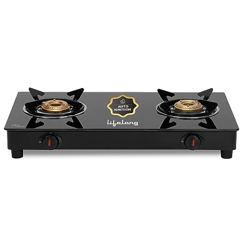 Lifelong 2 Burner Gas Stove Top for Kitchen – Manual Ignition Cooktop Modern Glass Stove for Modular Kitchen, ISI Certified & Compatible with LPG – 1 Year Manufacturer’s (Black, LLGS10)