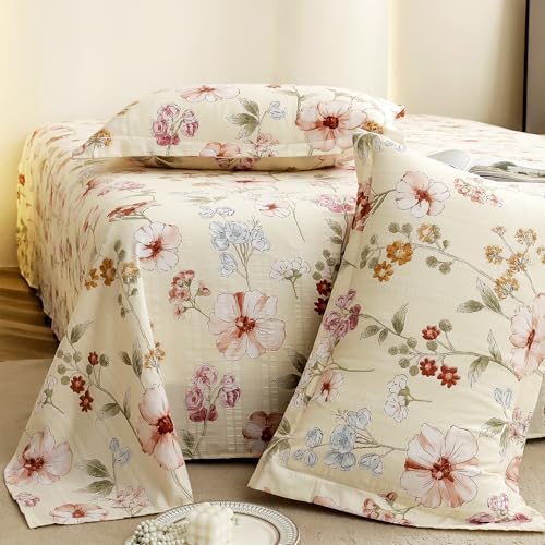 Story@Home King Size Bedsheet | Cloud Cotton Flatsheet King Size With Two Pillow Covers| 300 Tc | Super Soft Bed Sheet For King Size Bed | Floral Design (270 X 250 Cm, Off White & Red)