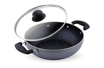 Attro Aluminium Induction & Gas Stove Compatible Non Stick 3Mm Thickness Heavy Duty Kadhai With Glass Lid, Spatter Finish, (240 Mm, Black)