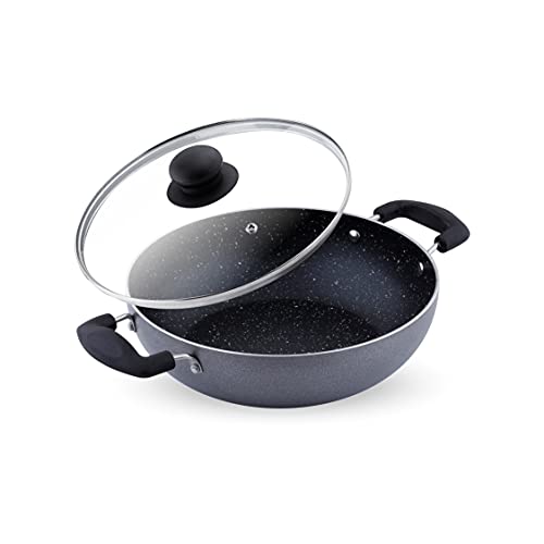 Attro Aluminium Induction & Gas Stove Compatible Non Stick 3Mm Thickness Heavy Duty Kadhai With Glass Lid, Spatter Finish, (240 Mm, Black)