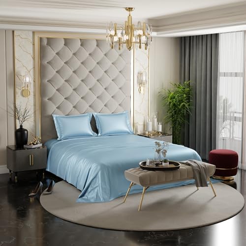 Stoa Paris Satin Bedsheets For King Size Bed – 300Tc Premium Bedsheet With 2 Pillow Cover, Luxury Bedding Set, For Diwali Decoration, Home Decor Gifting, For Couples, Wedding, Dreamy Blue,300 Tc