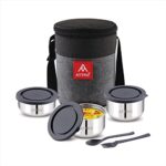 Attro Fresho Stainless Steel Double Wall Lunch Box, Airtight & Leak Proof – 3 Containers With Bag, Fork & Spoon For Office Use, School, Picnic 800 Ml – Grey