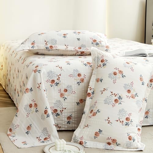 Story@Home King Size Bedsheet | Cloud Cotton Flatsheet King Size With Two Pillow Covers| 300 Tc | Super Soft Bed Sheet For King Size Bed | Floral Design (270 X 250 Cm, White & Brown)