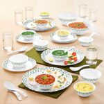 Larah By Borosil Sage Silk Printed Series Opalware Dinner Set With Glasses,40 Pieces For Family Of 6,Microwave&Dishwasher Safe,Bone-Ash Free,Crockery Set For Dining&Gifting,Plates&Bowls,White