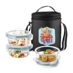 Treo By Milton All Fresh Glass Tiffin Containers With Insulated Jacket (Wedesi Print), 3 Containers, 400 Ml Each, Black, Microwave Safe, Ovensafe, Stackable, Leak Proof, Office