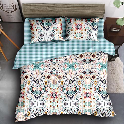 Story@Home Double Bedsheet Aztec/Bohemian Pattern 240 Tc With Set Of 2 Pillow Cover Glaze Cotton, Satin Printed Microfiber For Double Bed All Season Boho Collection – 225Cm X 250Cm- White & Blue