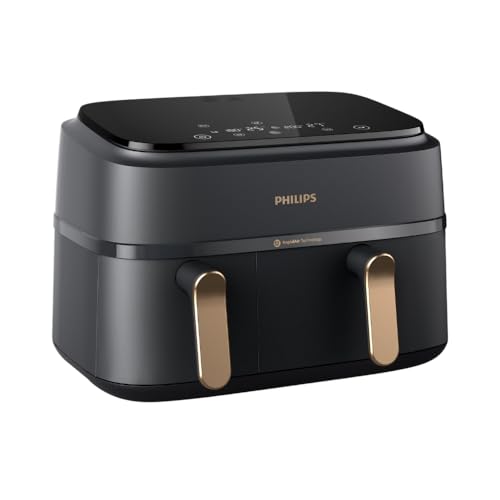 Philips Air Fryer Na352/00 With Rapid Air Technology, 9L Capacity, Dual Basket (6L & 3L) For Full Oven Tray Cooking, 8 Preset Menus, Intuitive Touch Control, 90% Less Oil, 500+ Recipes, Extra Large
