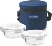 Treo Round Glass Tiffin Box With Blue Cover, 380Ml, Set Of 2 Glass Containers Lunch Box 2 Containers Lunch Box(760 Ml, Thermoware)