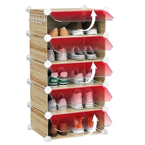 Homeland Shoe Rack-5 Layer -Plastic Wooden Looking Organizer/Multi-Purpose, Easy Assembly, Adjustable Shoe Storage Organizer Stackable Detachable Diy, Plastic 5 Layers Portable