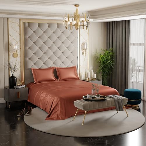 Stoa Paris Satin Bedsheets For Double Bed – 300Tc Premium Bedsheet With 2 Pillow Covers, Luxury Bedding Set, Gift For Couples For Romantic Dates, Wedding, Melted Caramel