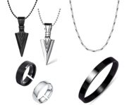 Okos Men’S Stainless Steel Jewellery Combo Of 2 Black And Silver Polish Arrow Pendant With Rice Shape Neck Chain And Full Kada For Boys And Men Pd1000878Styl2