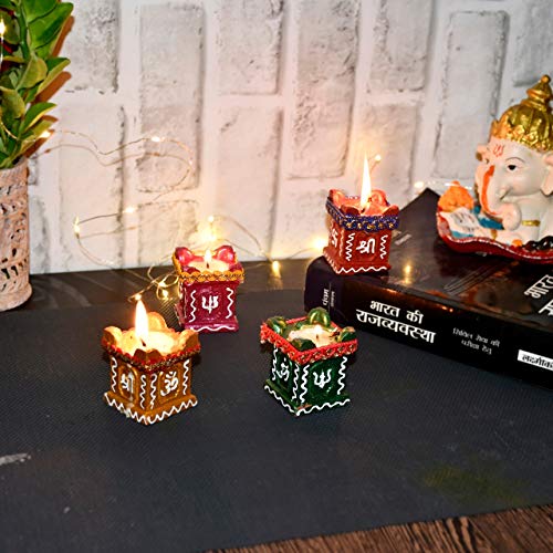 Perpetual Tulsi Diya For Diwali Decoration Handmade | Earthen Clay Terracotta Decorative Diya 4 Pcs Set | Tealight Candle Festival Diya Oil Lamps | Pooja Purpose Outdoor Indoor | Handmade | Best Gift