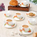 Larah By Borosil Red Iris Opalware Cup And Saucer Set Of 12 Pcs | Tea/Coffee Cups 90 Ml | Microwave & Dishwasher Safe | Bone-Ash Free | Crockery Set Ideal For Daily Use & Gifting, White
