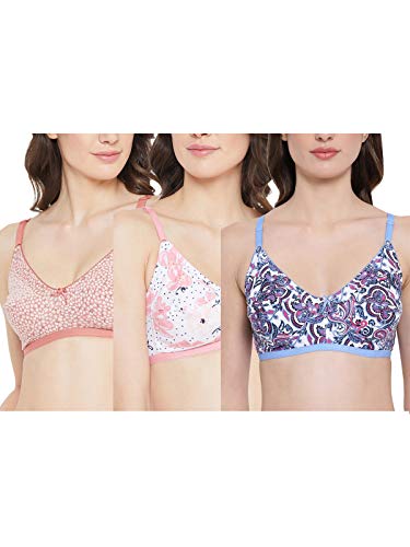 Clovia Women’S Pack Of 3 Cotton Non-Padded Non-Wired T-Shirt Bra (Combrc720_Multicolored_34B) (Print And Color May Vary)