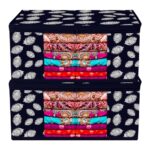 Kuber Industries Saree Cover Bag | Clothes Storage Bag | Storage Organizer Bag | Zip Closure Saree Cover Bag | Wardrobe Organizer | Peacock Feather-Design | 6 Inch | Pack Of 2 | Navy Blue