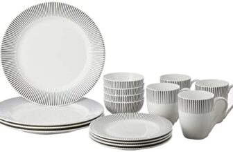 Amazon Brand – Solimo Ceramic 16 Piece Dinner Set | 4 Dinner Plates, 4 Quarter Plates, 4 Mugs & 4 Small Bowls | Black Lines