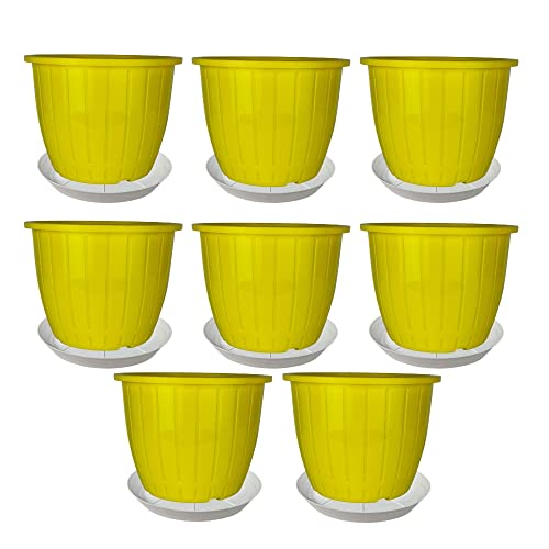 Go Hookedplastic Duro Flower Pot For Gardening, Indoor/Outdoor Planter-Yellow (8 Inch)(Pack Of 8 With Tray)
