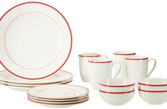 Amazon Brand – Solimo Ceramic 16 Piece Solid Dinner Set | 4 Dinner Plates, 4 Quarter Plates, 4 Mugs & 4 Small Bowls | Red Strip Design