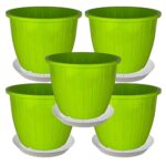 Go Hookedplastic Duro Flower Pot For Gardening, Indoor/Outdoor Planter-Green (8 Inch)(Pack Of 5 With Tray)