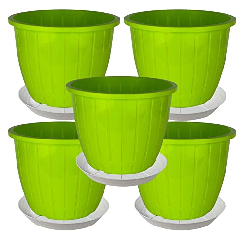 Go Hookedplastic Duro Flower Pot For Gardening, Indoor/Outdoor Planter-Green (8 Inch)(Pack Of 5 With Tray)