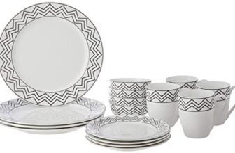 Amazon Brand – Solimo Ceramic Checkered 16 Piece Dinner Set | 4 Dinner Plates, 4 Quarter Plates, 4 Mugs & 4 Small Bowls | Zig Zag (White)