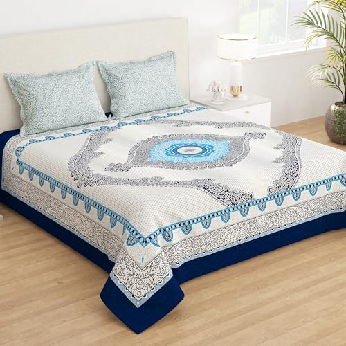 Story@Home Bedsheet For Double Bed With 2 Pillow Covers| Microfiber Bedsheet | Soft & Light-Weight Double Bedsheet Set Of 1 | 225X250Cm | 210Tc | Jaipuri Print |White| Ideal For Double Size Bedsheet