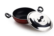 Crystal Platinum Series Non Stick Kadai With Steel Lid| 225 Mm | 3 Mm Thickness | Metal Spoon Friendly | 3 Layer Coating