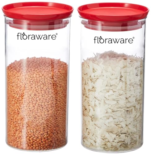Floraware Plastic Storage Jar And Container Set I Air Tight & Bpa Free Containers For Kitchen Storage Set I Grocery Kitchen Container Set I Multipurpose Jar, 1400 Ml Each, Set 2, Red