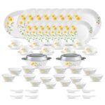 La Opala Diva Classique Collection Opal Glass Crockery | For Family Of 8 | Dinner Set 61 Pcs Yellow Daisy | Plates & Bowls For Dining | Microwave Safe | 100% Vegetarian | Extra Strong | White