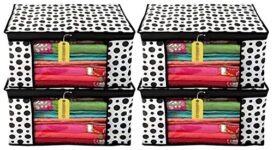 E-Cosmos Dots Design 4 Piece Non Woven Fabric Saree Cover/Clothes Organizer For Wardrobe Set With Transparent Window, Extra Large (Black & White) (Pack Of 4)